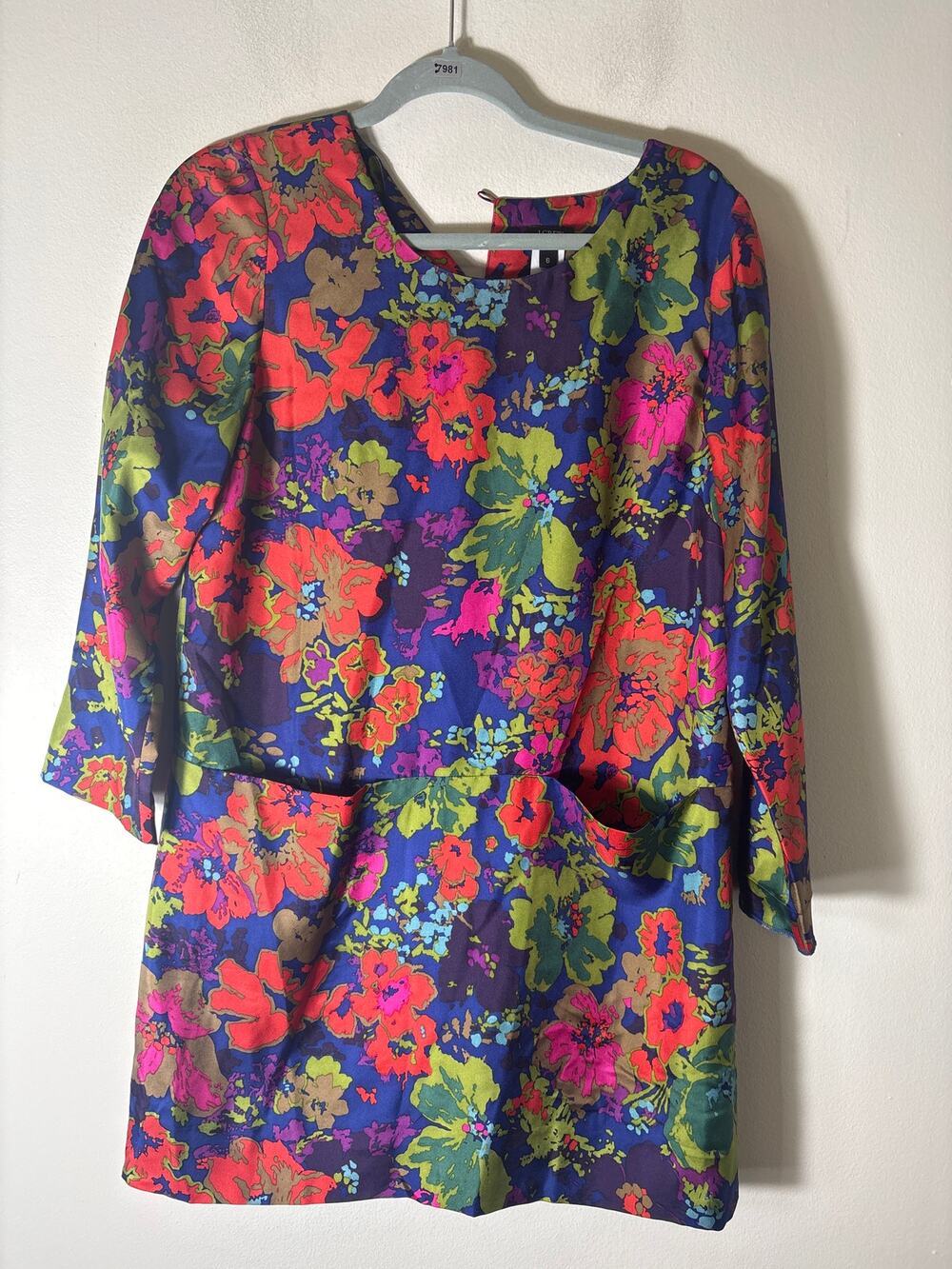 J. Crew Blue Bold Floral Long Sleeve Silk Mini Shift Dress Sz 6
